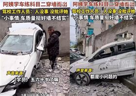 大媽上駕訓開車竟撞破牆　網問這句獲萬讚（圖／翻攝微博）