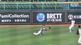 ▲台鋼雄鷹左外野手王柏融首局大秀超人飛撲，接殺林子偉可能形成安打的飛球。（圖／擷取自CPBL TV）