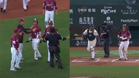 ▲樂天桃猿林智平吞K後和台鋼雄鷹捕手張肇元言語交換，部分桃猿球員衝到場上。（圖／翻攝CPBL TV畫面）
