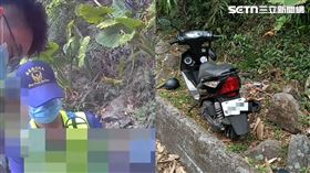60歲男騎士疑似不熟路況，過彎時失控連人帶車自摔，人塞進山溝內死亡。（圖／翻攝畫面）