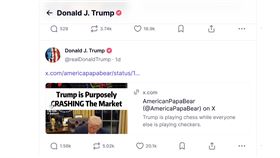 川普轉發股災是戰略操作　還扯股神巴菲特挺他！波克夏罕見發聲明否認（圖／翻攝自真相社群平台@川普）