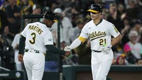 ▲運動家一壘手索德斯壯（Tyler Soderstrom）單場雙轟。（圖／美聯社／達志影像）