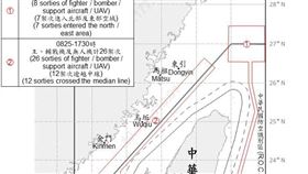 ▲國防部「中共解放軍進入台海周邊空域活動示意圖」顯示，11日早6時至12日早6時出沒在台灣北、東空域的共機，繞飛出如「槌子打台灣」的形狀。（圖／國防部提供） 