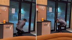 桃園昨晚下起狂風暴雨，麥當勞員工死命將門拉住，最後終於成功將其暫時鎖上。（翻攝自桃園都臉書粉專）