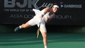 ▲台灣網球女單好手葛藍喬安娜，出戰金恩盃打到左大腿拉傷。（圖／四維體育推廣教育基金會提供）