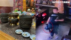 男子偷竊3個香爐後，一手裝袋一手握香，大搖大擺離開。（圖／廟方提供）