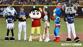 ▲中職36年例行賽，PS女孩韓籍啦啦隊邊荷律和蠟筆小新一起開球。（圖／記者劉彥池攝影）