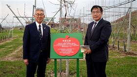 ▲台南市長黃偉哲與弘前市長櫻田宏聯袂種下蘋果樹，盼友好情誼如蘋果樹般長久綿延，更祈願雙方市民皆平安。（圖／台南市政府提供）
