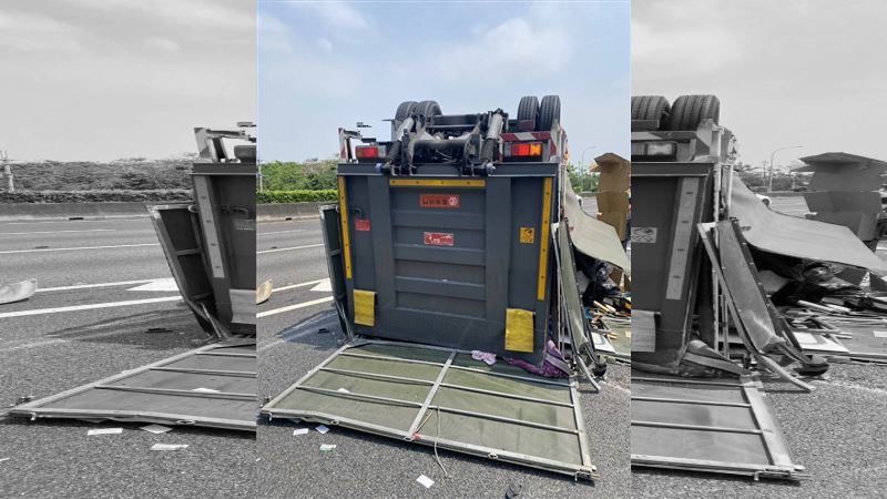 國1貨車遭撞翻覆！駕駛受困一度無心跳