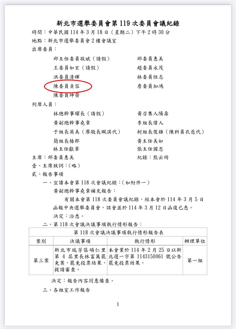 張嘉玲指出,遭羈押禁見的陳貞容,是新北市選委會委員。(圖/張嘉玲辦公室提供)