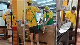 日前時報周刊CTWANT讀者在台北市內湖直擊羅森宇（左圖）和哥哥羅凱博（中圖右），以及羅時豐外甥謝毅宏（中圖左）、吳秉辰（右圖），家族4人一起在滷肉飯店做伙工作。（圖／讀者提供）