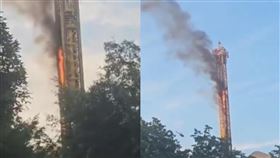 中國廣西南寧「方特東盟神畫主題樂園」自由落體設施突然起火。（圖／翻攝自中國時局X）