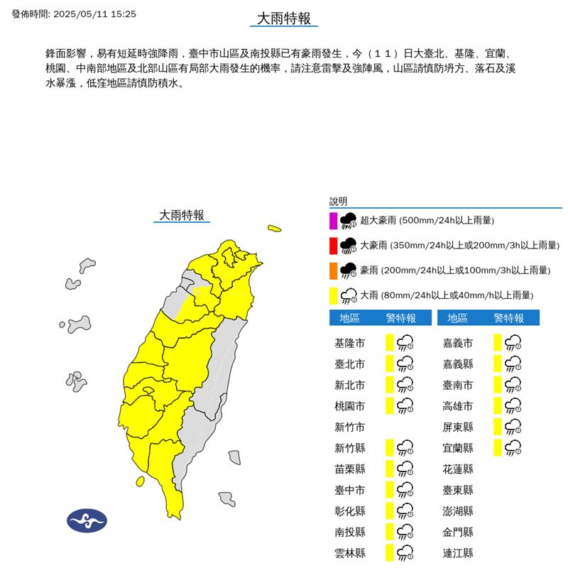 氣象署在今(11)天15:25發布大雨特報。(圖/翻攝自氣象署)