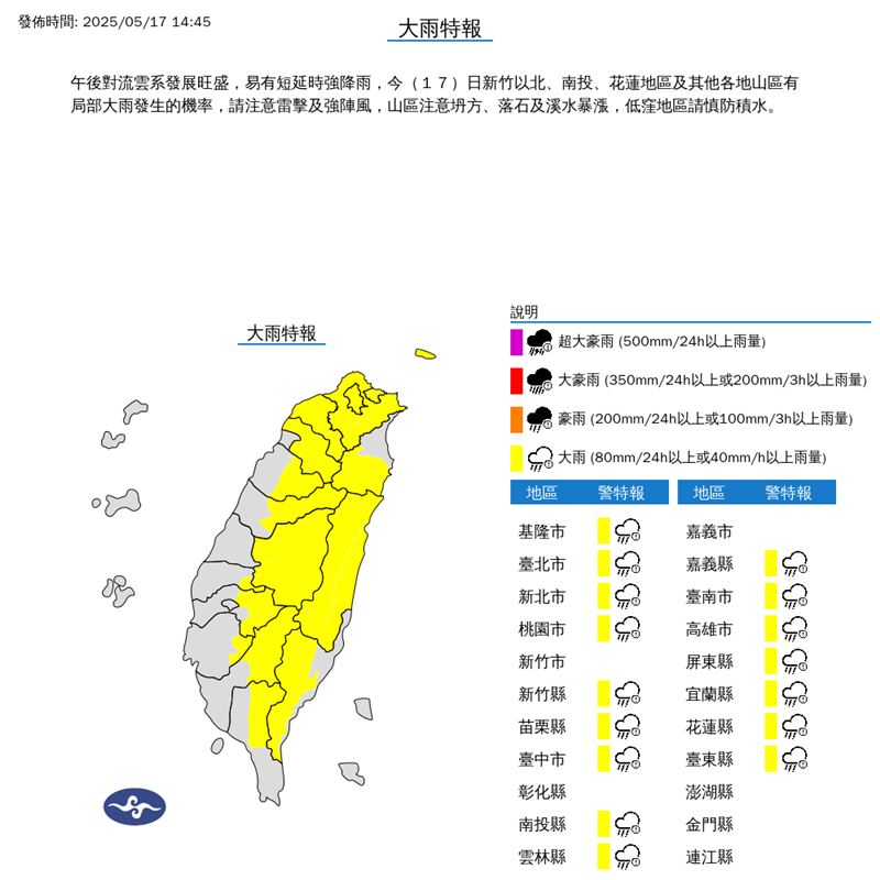 中央氣象署於今日14時45分左右針對16縣市發布大雨特報。（圖／翻攝自中央氣象署）