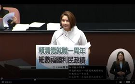 陳菁徽16日在國是論壇表示，要細數賴政府一年來的福國利民政策，結果故意在台上靜默3分鐘，直到發言時間結束才說「想不出來」。（圖／翻攝自立法院隨選系統）