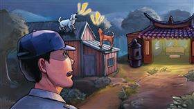 警方巡邏時，看到流浪狗在廟旁工寮的屋頂吹狗螺，意外發現廟婆被殺。（示意畫面，AI繪圖Adobe Firefly生成，本刊美術組後製）