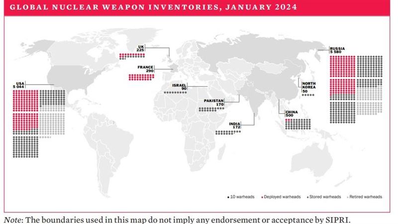 截至2024年1月全球核武器庫存。（圖／翻攝自《斯德哥爾摩國際和平研究所（SIPRI） 2024年年鑑》）