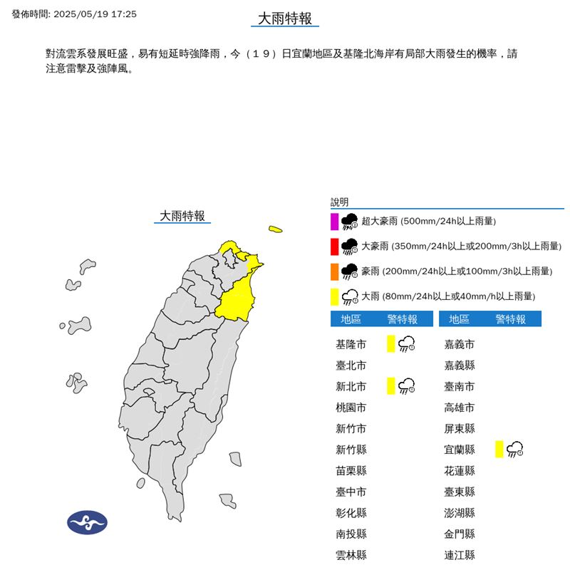 3縣市大雨特報。（圖／翻攝自中央氣象署）