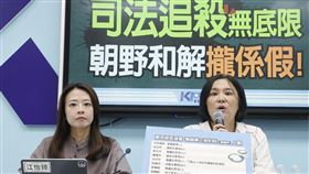 藍營批司法黑手介入選舉罷免國民黨立法院黨團副書記長陳玉珍（右）與同黨新北市議員江怡臻（左）等人23日在立院舉行記者會，陳玉珍會中怒指，司法黑手介入選舉罷免，總統賴清德說要朝野和解都是假的。中央社記者郭日曉攝  114年5月23日