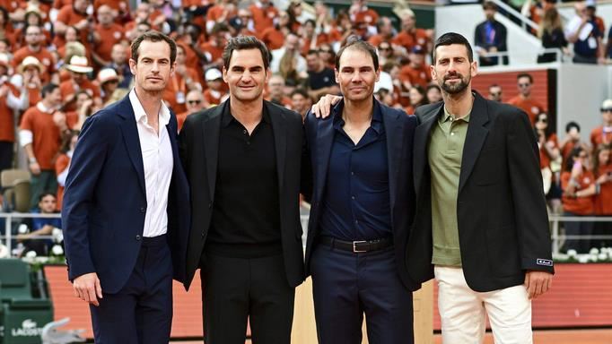 法網致敬納達爾（Rafael Nadal），網壇四大天王重聚。（圖／美聯社／達志影像）