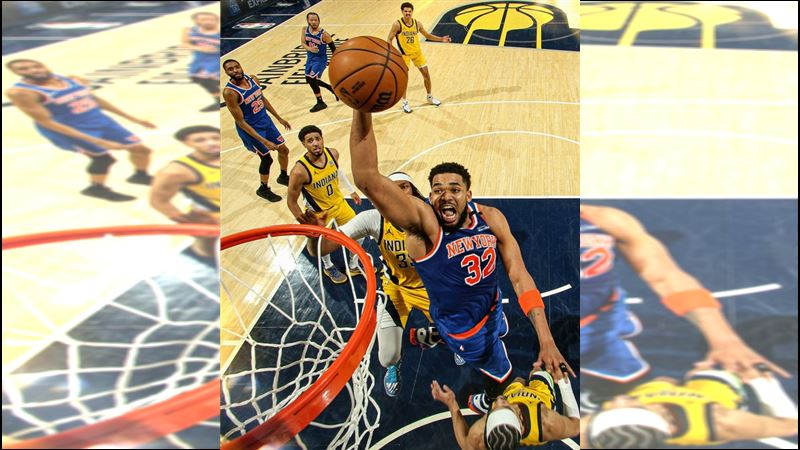  唐斯(Karl-Anthony Towns)末節跳出來扮演紐約救世主,單節猛轟20分幫助球隊逆轉超前,終場尼克以106:100逆轉溜馬。(圖/翻攝自X平台 @NBA)