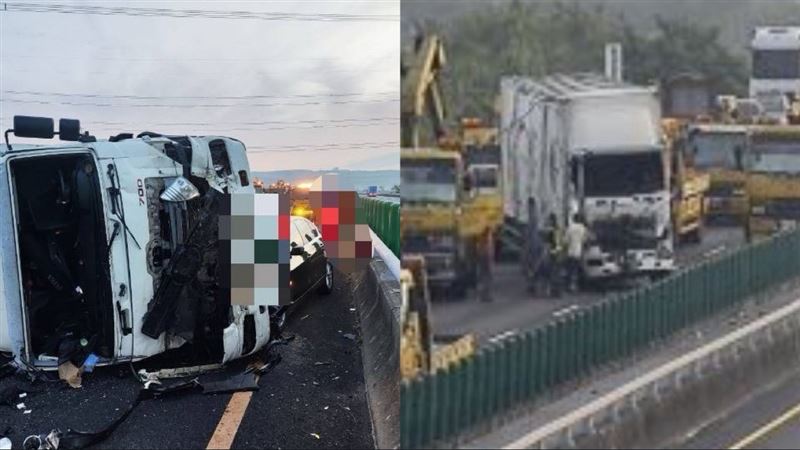 國道慘況曝！大貨車翻肚BMW煞不住撞車底