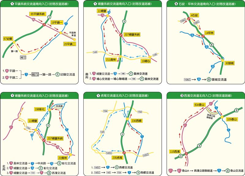 國道匝道封閉管制改道路線。（圖／交通部高速公路局提供）