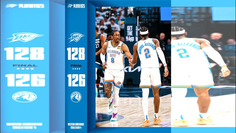 奧克拉荷馬雷霆亞歷山大(Shai Gilgeous-Alexander)、威廉斯(Jalen Williams)合轟74分在客場險勝明尼蘇達灰狼,西決率先聽牌。(圖/翻攝自X平台 @okcthunder)