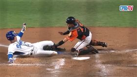 富邦悍將外野手王正棠遭陳傑憲雷射間刺殺在本壘。（圖／翻攝CPBLTV畫面）