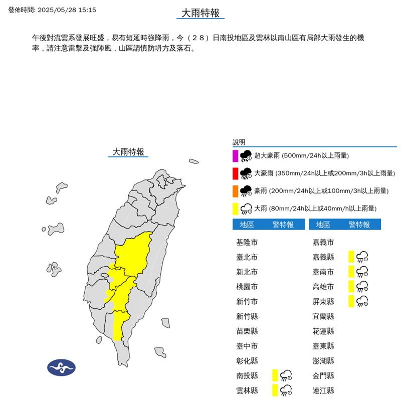 6縣市大雨特報。(圖/氣象署)