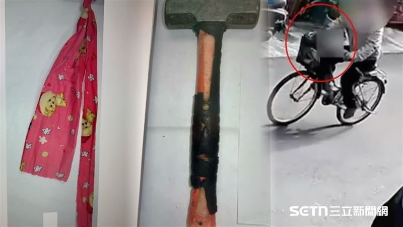 殺人凶器首度曝光，印有可愛小狗的紅布條綁結用於勒死被害人，再用榔頭敲碎、肢解屍塊後放冰箱。（圖／翻攝畫面）