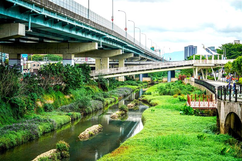 板橋湳仔溝於大觀橋河段打造蜿蜒河道，營造自然景觀，成功翻轉髒臭惡名