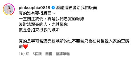 蘇心甯發文反擊不實爆料,王思佳也留言力挺。(圖/翻攝自IG)