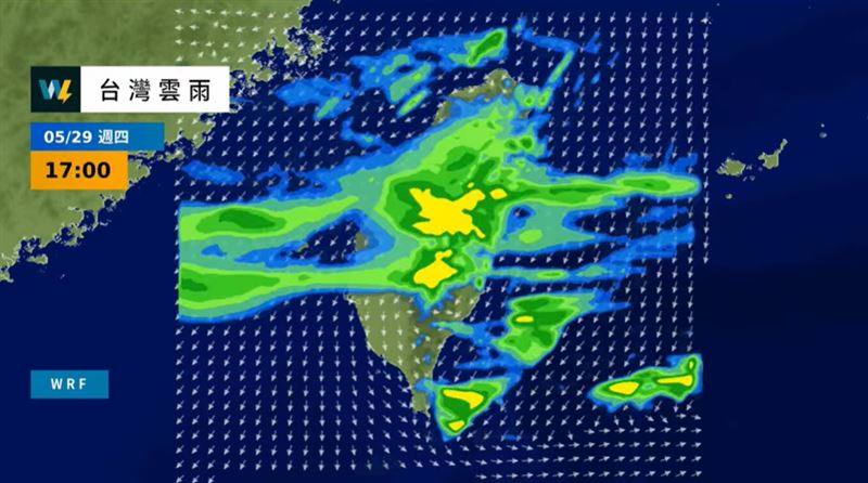 薛皓天說,今日截至上午8時30分,台中和平區已累積達99.5毫米的雨量,達大雨等級。(圖/翻攝自天氣風險 WeatherRisk臉書)