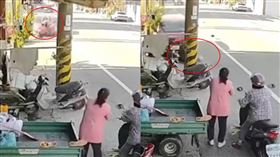 91歲潘姓阿嬤，突遭後方一輛紅色轎車偏移高速衝撞，連人帶車拖行撞上電線桿。（圖／翻攝自記者爆料網）