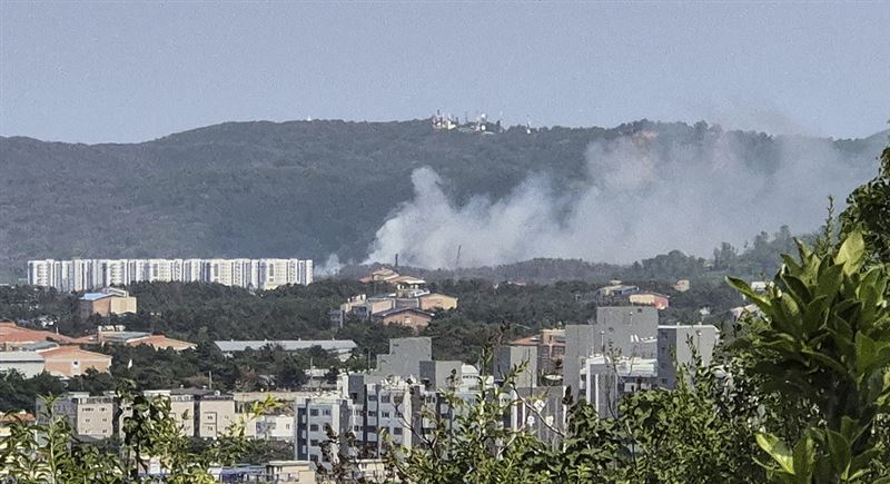 慶尚北道浦項市南區，海軍輕型機墜落於山上。（圖／美聯社／達志影像）