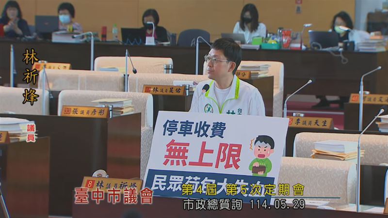 議員林祈烽批評市府放任停車場業者漫天喊價。（圖／台中市議會提供）