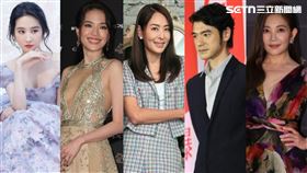 劉亦菲（左起）、舒淇、賈永婕、金城武、梁靜茹。(合成圖／資料照、翻攝自微博)
