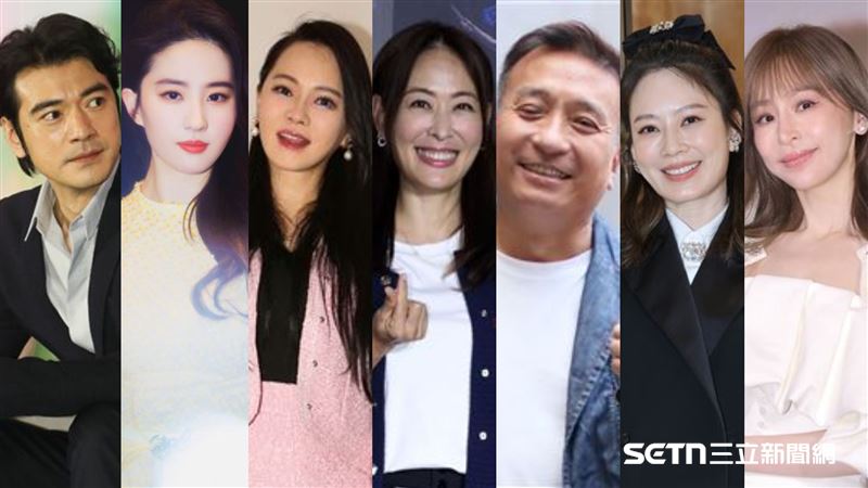 金城武(左起)、劉亦菲、伊能靜、賈永婕、王中平、Melody、王心凌。(合成圖/資料照、記者鄭孟晃攝影、翻攝自微博)