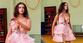 俄羅斯正妹維多利亞在高中的畢業舞會上，穿深V露背禮服太過性感，遭校長告誡。（圖／翻攝自@vikshin抖音）