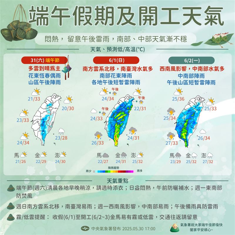 週一(6/2)（開工）西南風影響，中南部迎風面水氣多，南部注意局部大雨。（圖／翻攝自報天氣）