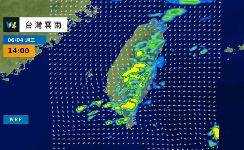 下週三鋒面位於台灣上空，各地天氣都不穩定，有陣雨或雷雨。（圖／翻攝自天氣風險 WeatherRisk臉書）