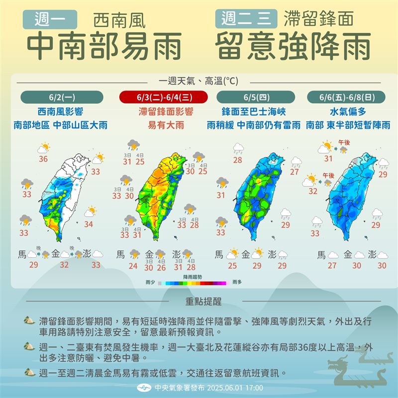 一週天氣情況。(圖/翻攝自中央氣象署粉專「報天氣」)