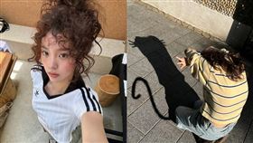 歐陽娜娜跟上流行，挑戰「貓咪影子」，結果被虧像被捕了。（圖／翻攝自歐陽娜娜微博）