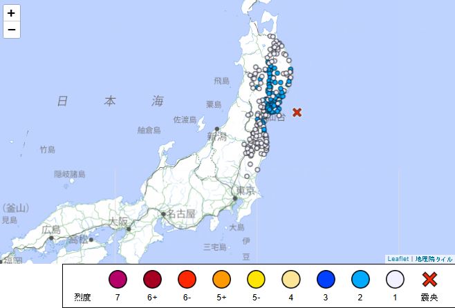 日本宮城縣外海「規模4.8地震」多地有感,最大震度3級。(圖/翻攝自日本氣象廳)