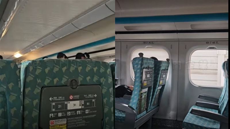 高鐵南下列車停電，現場廣播「「列車已進行斷電，列車空調與照明已部分關閉，車廂內仍有緊急照明與空氣流通」。（圖／翻攝畫面）