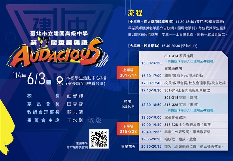建中畢業典禮流程，校方表示，熊仔將在傍晚17:20致詞。（圖／建中提供）