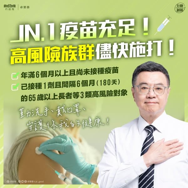 行政院長卓榮泰今（3）日表示，目前有305萬劑JN.1疫苗很充足，呼籲高風險族群請儘快施打。（圖／翻攝卓榮泰臉書）