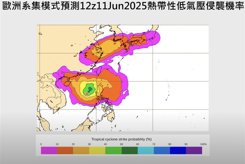 歐洲模式預測,11日晚上8點菲律賓西邊有4至6成熱帶性低氣壓生成的機率。(圖/翻攝自賈新興YouTube)