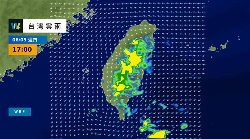 吳聖宇預測,明日熱對流發展旺盛的區域可能會有局部較大雨勢發生。(圖/翻攝自天氣風險 WeatherRisk臉書)